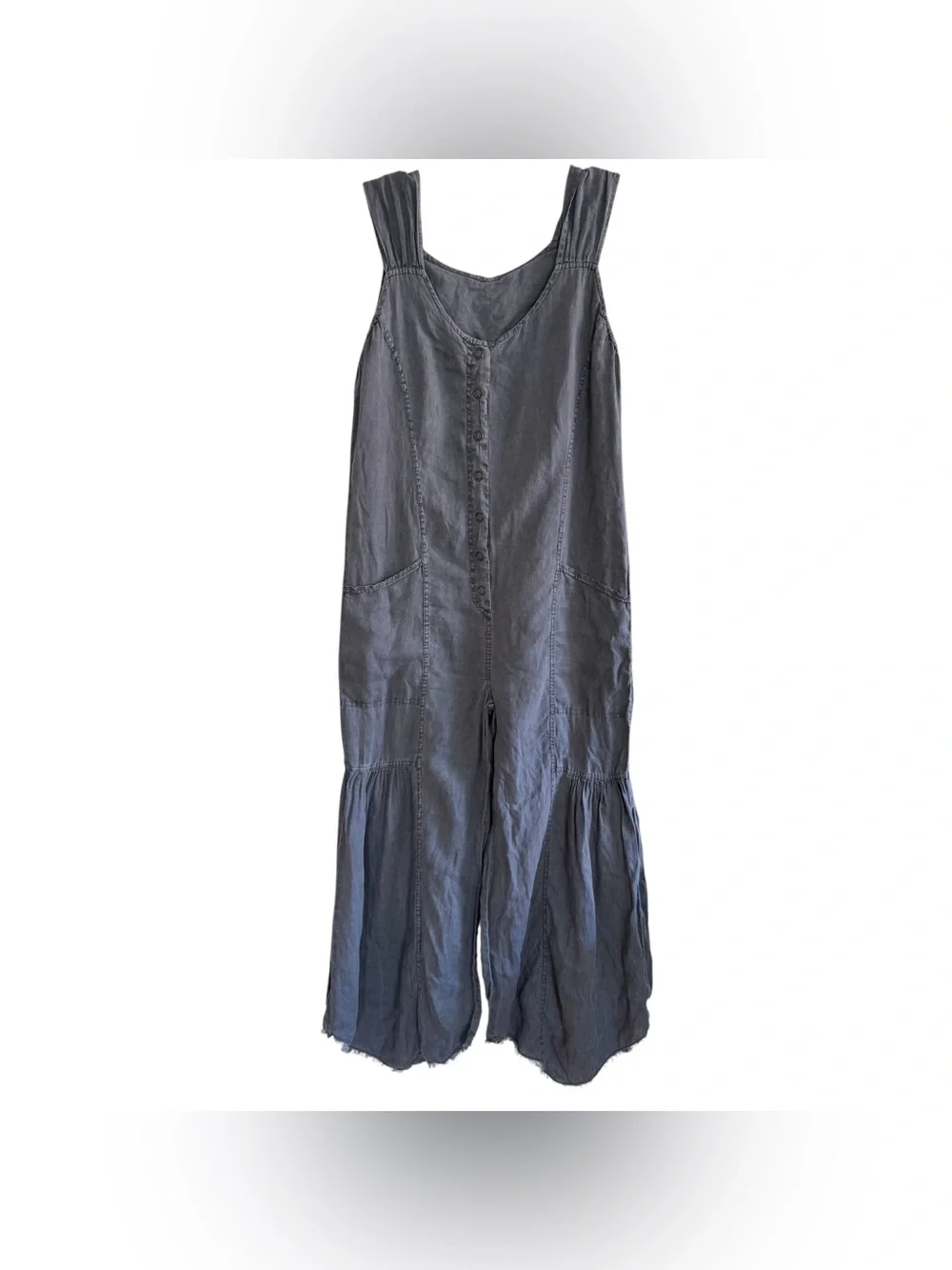 XCVI Gray Linen Wide Leg Fang Sharkbite Jumpsuit Wide Leg Relaxed Fit Boho S - Picture 2 of 8